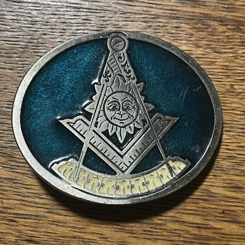 Vintage Rare Past Master Freemason Belt Buckle Sun Green/Teal Colored #2661